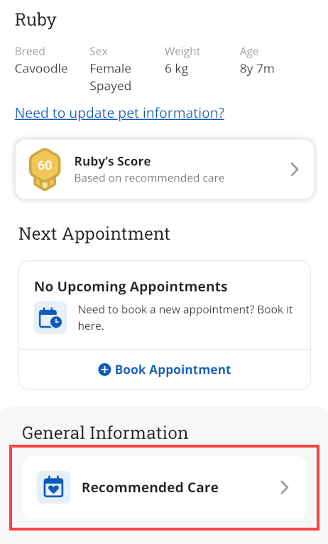 The Recommended Care button that shows in the Pet Information screen