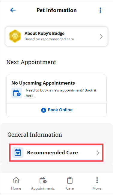 The Recommended Care button that shows in the Pet Information screen