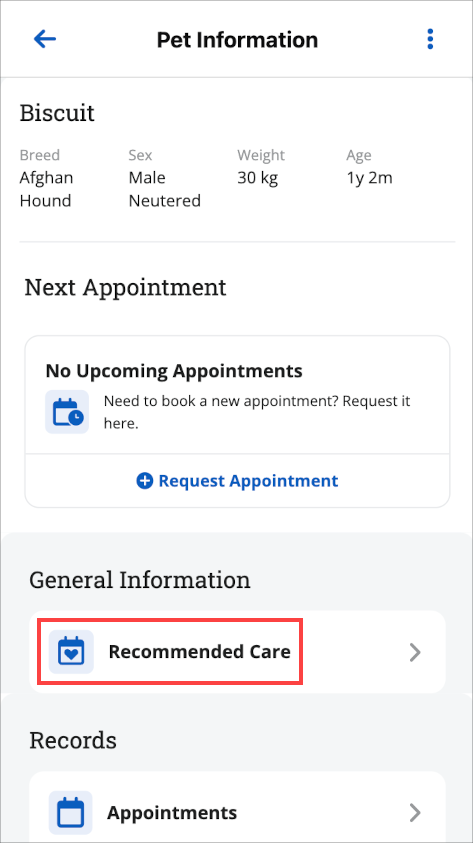 The Recommended Care button that shows in the Pet Information screen