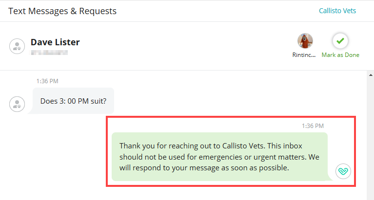 An autoreply that Vello automatically sent